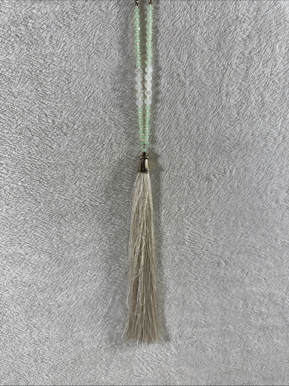 Mint and White Beaded Tassel Necklace - Brand: